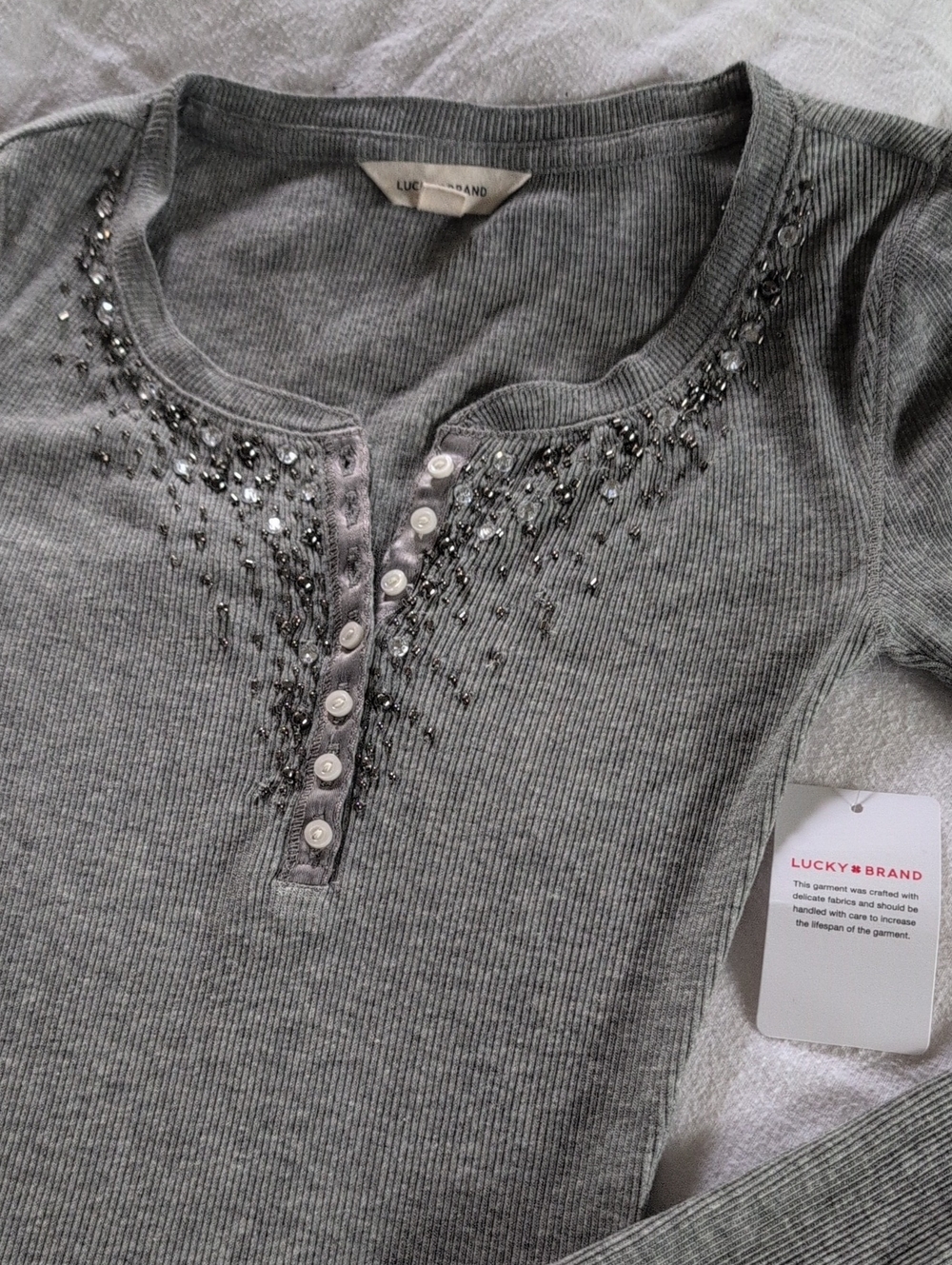 Lucky Brand Gray Ribbed Long-Sleeve Henley with Beaded Neckline